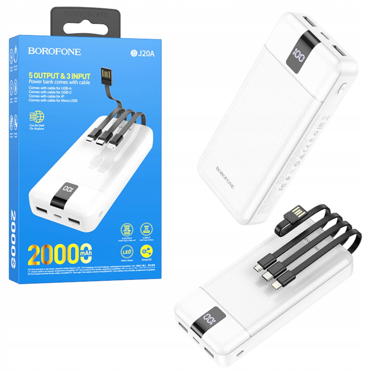 Повербанк 20000 mAh со встроенными кабелями BOROFONE BJ20A Power Bank + кабеля Type-C, Lightning, MicroUSB От USB Пластик Индикатор уровня заряда Type-C micro