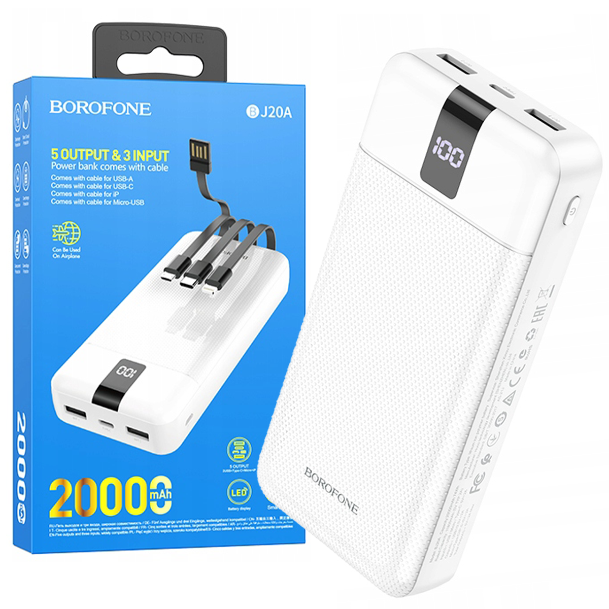 mAh со встроенными кабелями BOROFONE BJ20A Power Bank + кабеля Type-C, Lightning, MicroUSB От USB Пластик Индикатор уровня заряда Type-C micro USBx2 Универсальная батарея Li-Pol Белый Borofone