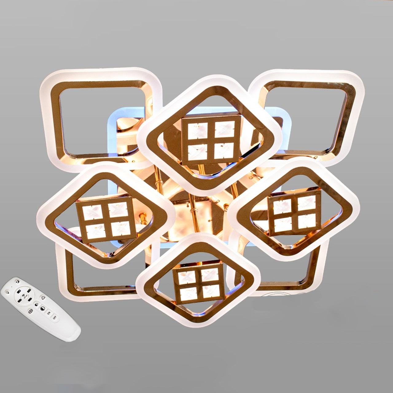 Світлодіодна люстра 130 Вт на пульті д/у з діммером і підсвічуванням основи колір каркасу золотий D-AS9201/4+4G LED 3color, фото 1