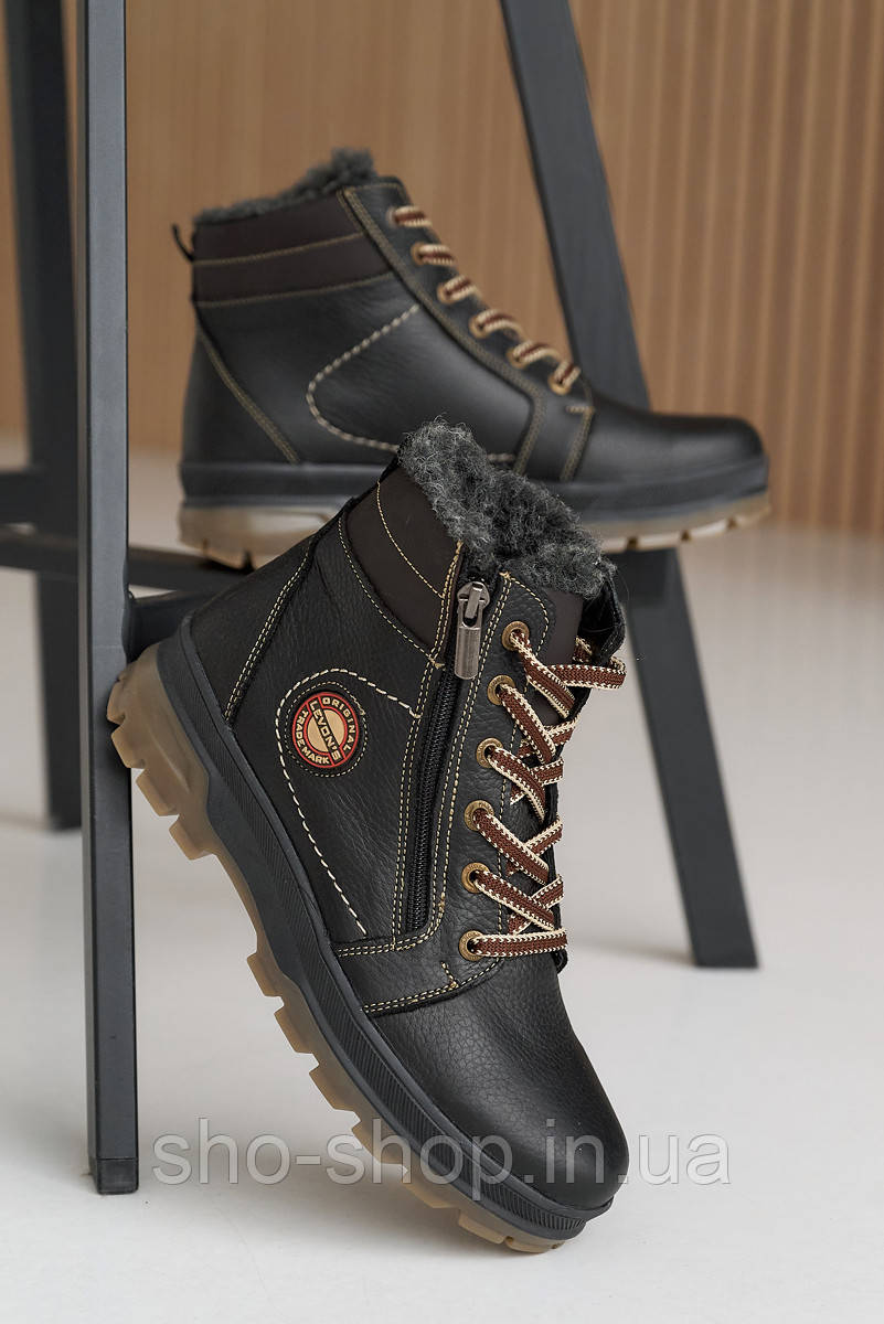 Підліткові черевики зимові стильні з натуральної шкіри чорного кольору на шнурках