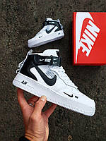 Женкие кроссовки Nike Air Force 1 High White Black (Белые с черным) Найк Аир Форс 1 Высокие кожаные демисезон