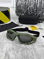 Защитные очки-маска олива/хаки, тактические военные очки с 3 сменными линзами, с чехлом