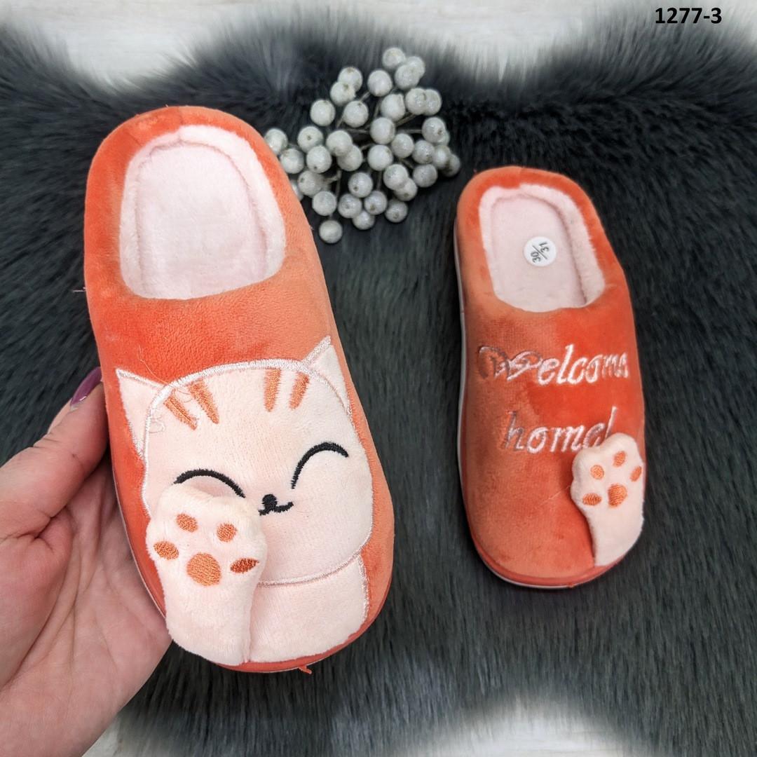 Тапочки дитячі помаранчеві теплі для дівчинки з котиками без задника 1277-3, фото 1