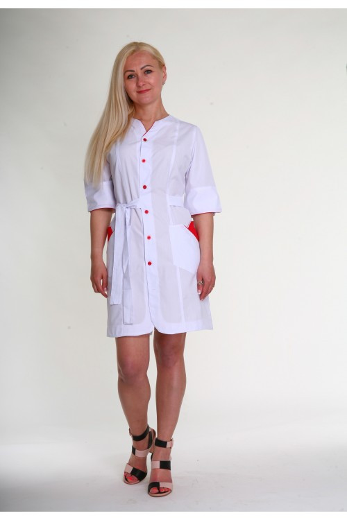 Білий медичний халат жіночий з поясом та червоними вставками батист ( розмір 42-56)