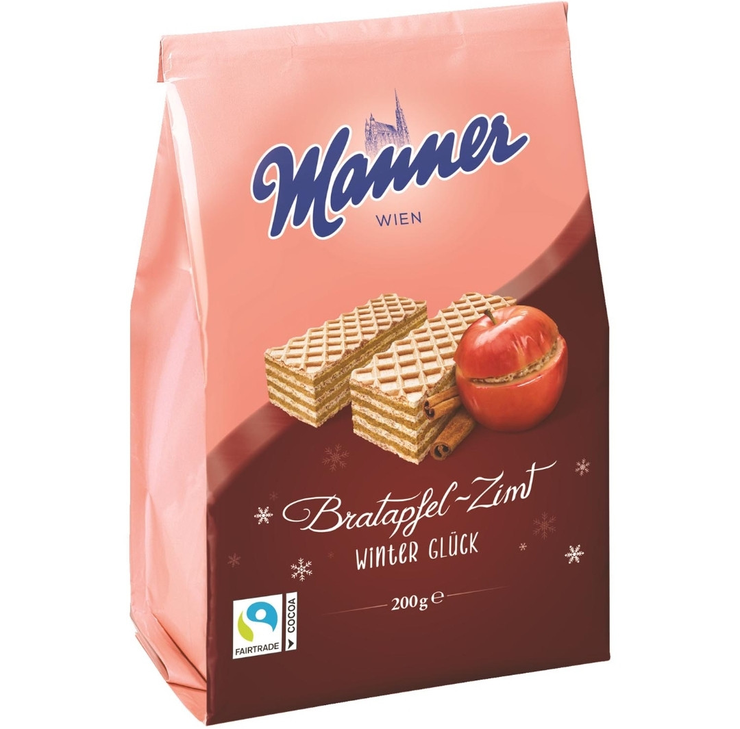 Вафлі Manner Winter Gluck Bratapfel-Zum із запеченим яблуком і корицею, 200 г.