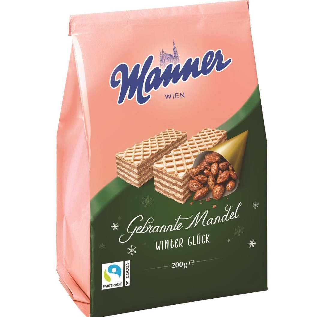 Вафлі Manner Winter Gluck Gebrante Mandel з обсмаженим мигдалем, 200 г., фото 1