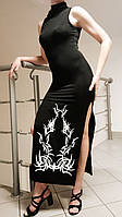 Готическое платье макси с высоким разрезом длинное черное облегающее платье с белым рисунком M