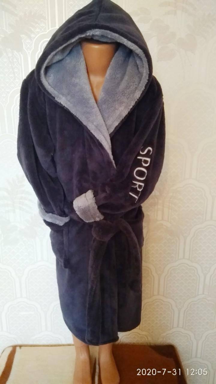 

Теплый махровый детский, подростковый халат, на запах, с капюшоном р. 6-8,8-10,10-12,12-14 лет, серый 12-14