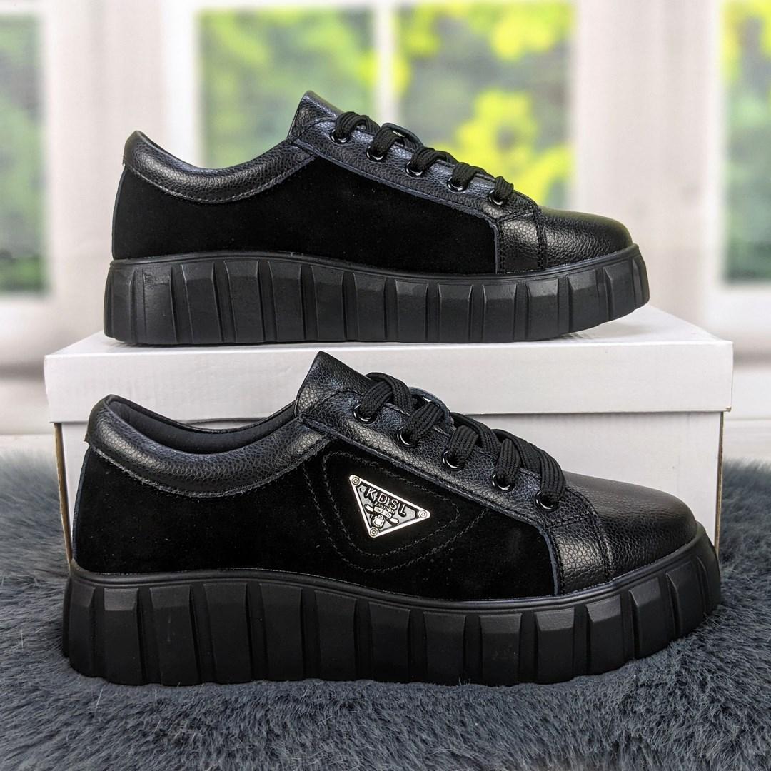 Кросівки жіночі шкіряні чорні на об'ємній підошві KDSL 4219, фото 1