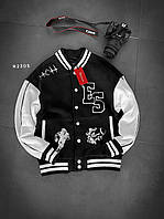 Мужской бомбер с нашивками (черно-белая) красивая модная молодежная легкая куртка sR2305