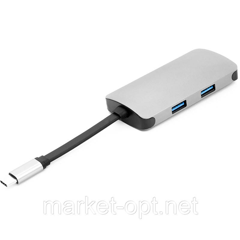 USB-хаб PowerPlant Type-C — HDMI 4K, USB 3.0, USB Type-C, RJ45, фото 1