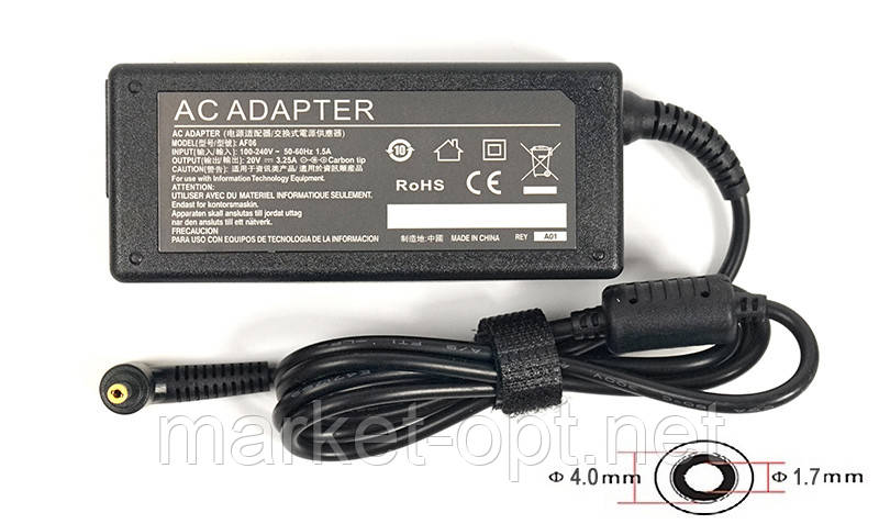 Блок живлення для ноутбуків PowerPlant IBM/LENOVO 220V, 20V 65W 3.25A (4.0*1.7), фото 1