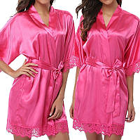 Короткий атласный халат с кружевами Eleganza розовый