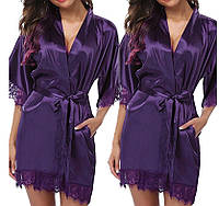 Короткий атласный халат с кружевами Eleganza фиолетовий