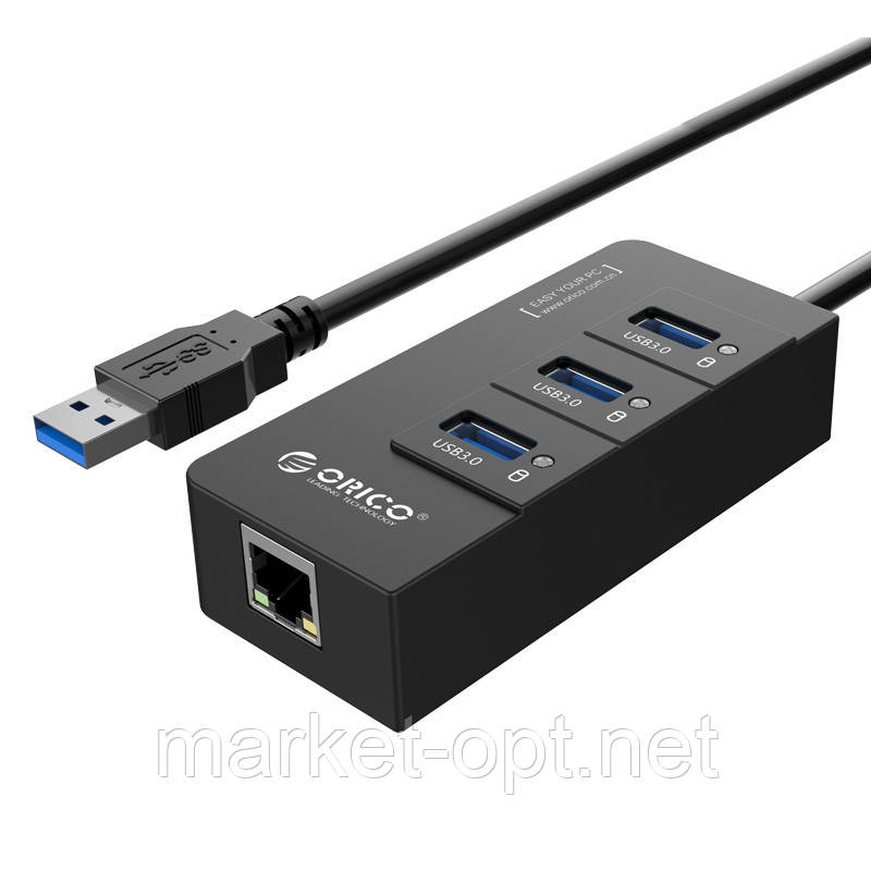 USB-хаб ORICO USB 3.0 3 порти + RJ45 (HR01-U3-V1-BK-BP), фото 1