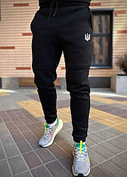 Зимние спортивные штаны на флисе мужские, цвет черный, трехнитка, лого Герб.