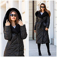 Жіноче зимове пальто з капюшоном ПВ-319 чорний+чорний, розміри 42-50