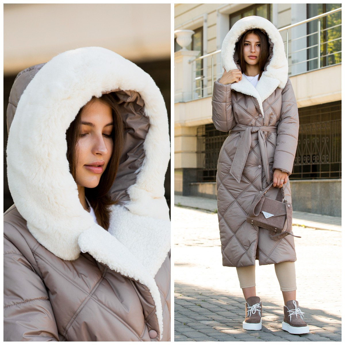 Жіноче зимове пальто з капюшоном ПВ-319 капучино, розміри 42-58, фото 1