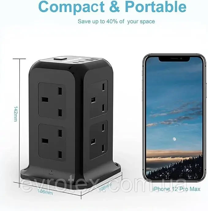 Подовжувач з роз'ємами USB C, 8 розеток, подовжувач з декількома роз'ємами, мережевий фільтр з 4 загонами, фото 1