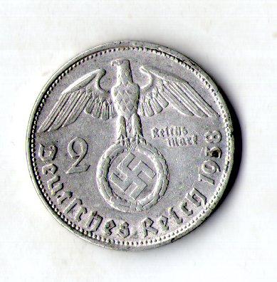 Німеччина — Третій рейх Нацистська Німеччина 2 рейхсмарки, 1938 рік срібло 8 г. No566