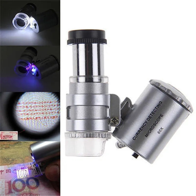 Мікроскоп кишеньковий 60-кратний, лупа, увивіличувач лупа лінза ультрафіолетове світло, перевірка грошей