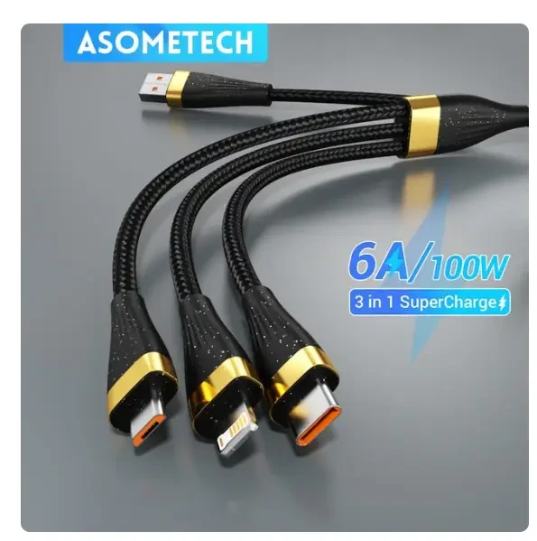 Кабель Asometech 100w 3 в 1 Type-C + Lightning + microUSB — USB 125 см