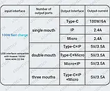 Кабель Asometech 100w 3 в 1 Type-C + Lightning + microUSB — USB 125 см, фото 5