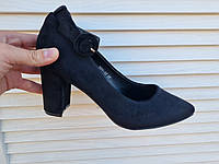 Туфли лодочки на широком каблуке замшевые с ремешком застежкой черные, Размер 38 (24,5 см) 40