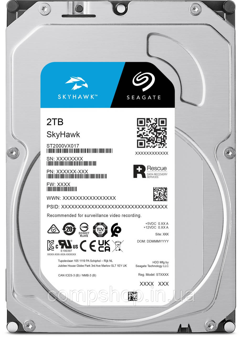 Жорсткий диск 3.5"   2TB  Seagate SkyHawk (5400rpm, SATA 6Gb/s, 256MB) (ST2000VX017) (код 137327)