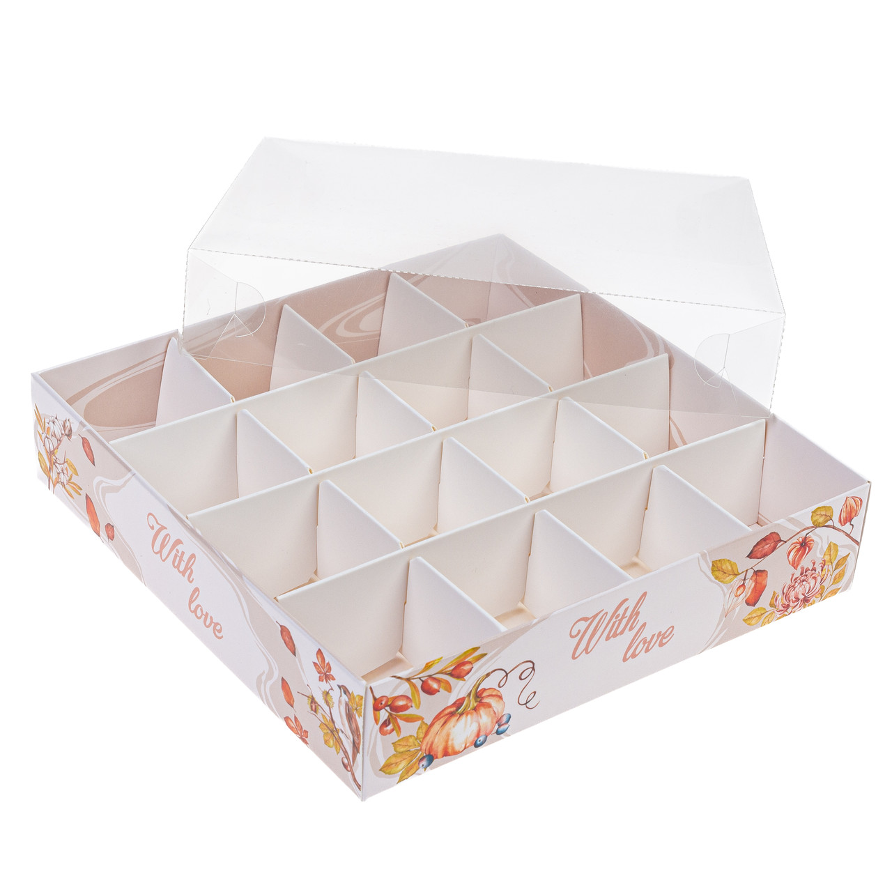 Коробка 160х160х35 (на 16 цукерок) з прозорою кришкою "With love", фото 1