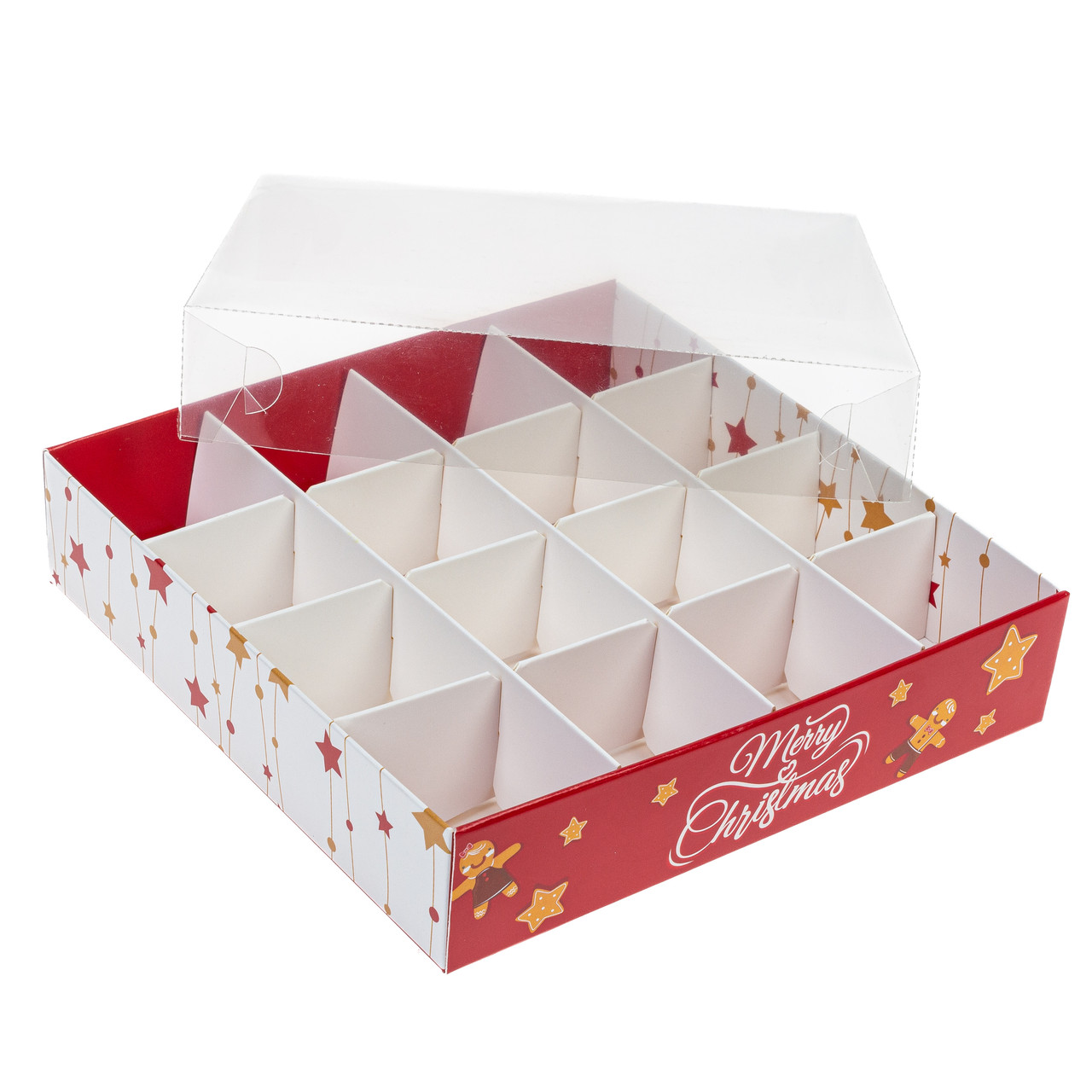 Коробка 160х160х35 (на 16 цукерок) з ПВХ кришкою "Merry Christmas"