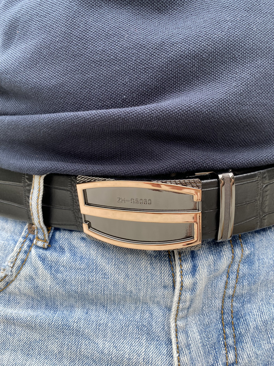 Шкіряний ремінь мідна пряжка автомат ШК-00112 пояс Чорний, фото 1