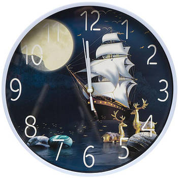 Настінний круглий годинник 30 см на батарейках 572-12 Годинник у будинок з малюнком Корабля