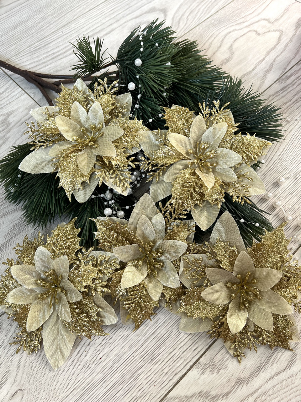 Різдвяна квітка-пуансеттія. Новорічна прикраса — пуансеттія ( золото 14 см), фото 1