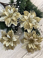 Різдвяна квітка-пуансеттія. Новорічна прикраса — пуансеттія ( золото 14 см), фото 3