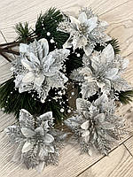 Різдвяна квітка пуансеттія. Новорічна прикраса — пуансеттія ( срібло 14 см), фото 7