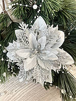 Різдвяна квітка пуансеттія. Новорічна прикраса — пуансеттія ( срібло 14 см), фото 8