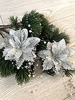 Різдвяна квітка пуансеттія. Новорічна прикраса — пуансеттія ( срібло 14 см), фото 6