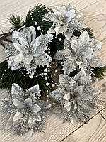 Різдвяна квітка пуансеттія. Новорічна прикраса — пуансеттія ( срібло 14 см), фото 5