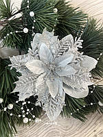 Різдвяна квітка пуансеттія. Новорічна прикраса — пуансеттія ( срібло 14 см), фото 2