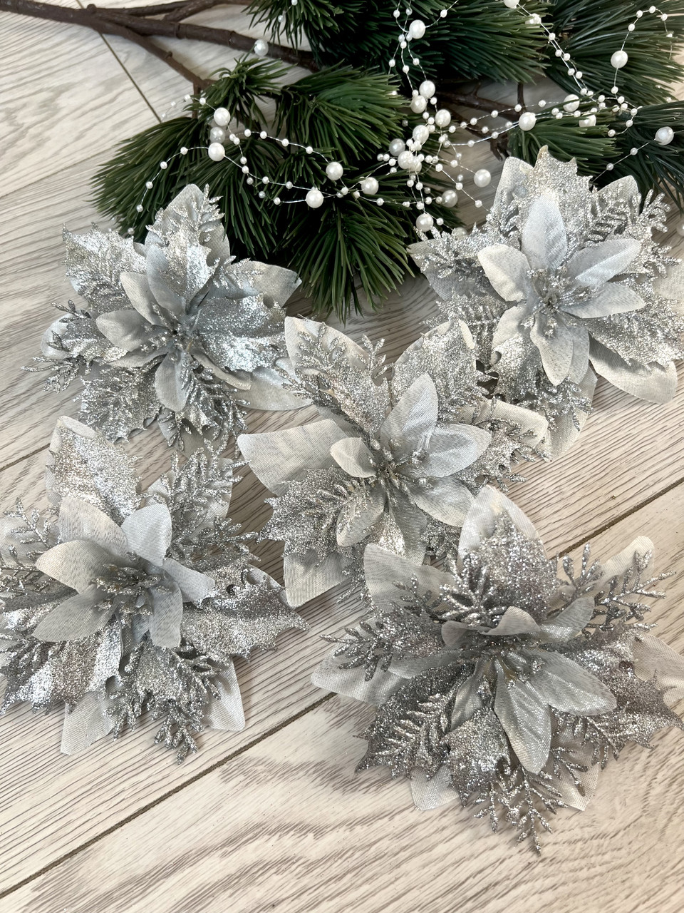 Різдвяна квітка пуансеттія. Новорічна прикраса — пуансеттія ( срібло 14 см), фото 1