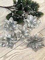 Різдвяна квітка пуансеттія. Новорічна прикраса — пуансеттія ( срібло 14 см), фото 3