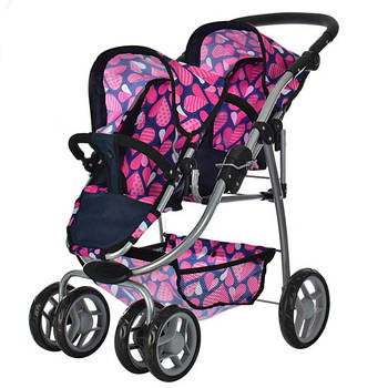 Дитяча двомісна прогулянкова коляска для ляльок Melogo 9662D Рожева з сердечками