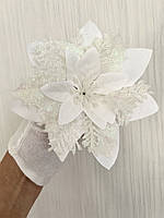 Різдвяна квітка-пуансетія. Новорічна прикраса — пуансетія (біла 14 см), фото 7