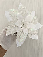 Різдвяна квітка-пуансетія. Новорічна прикраса — пуансетія (біла 14 см), фото 5