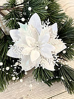 Різдвяна квітка-пуансетія. Новорічна прикраса — пуансетія (біла 14 см), фото 6