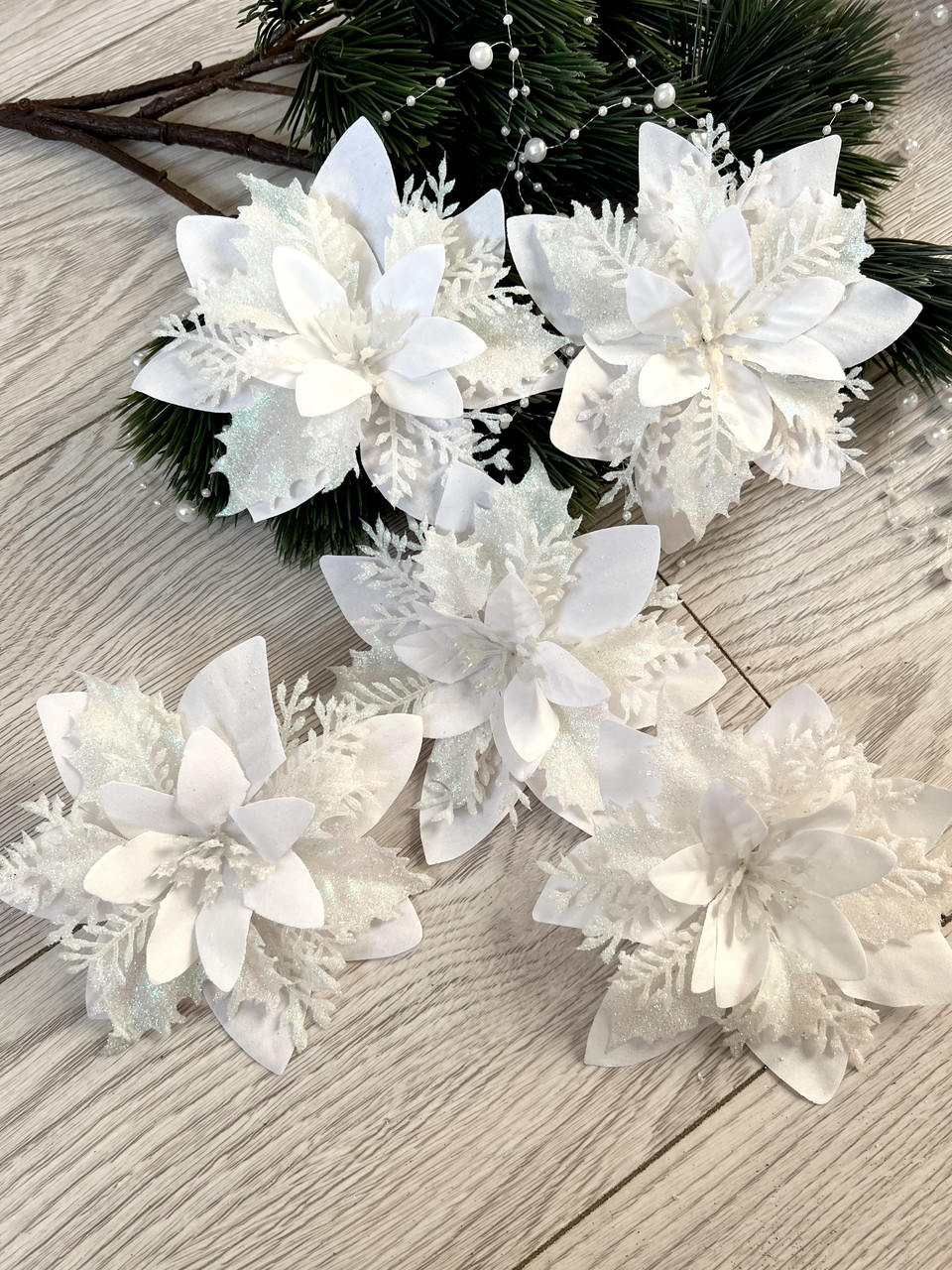Різдвяна квітка-пуансетія. Новорічна прикраса — пуансетія (біла 14 см), фото 1