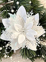 Різдвяна квітка-пуансетія. Новорічна прикраса — пуансетія (біла 14 см), фото 4