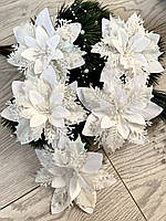 Різдвяна квітка-пуансетія. Новорічна прикраса — пуансетія (біла 14 см), фото 2