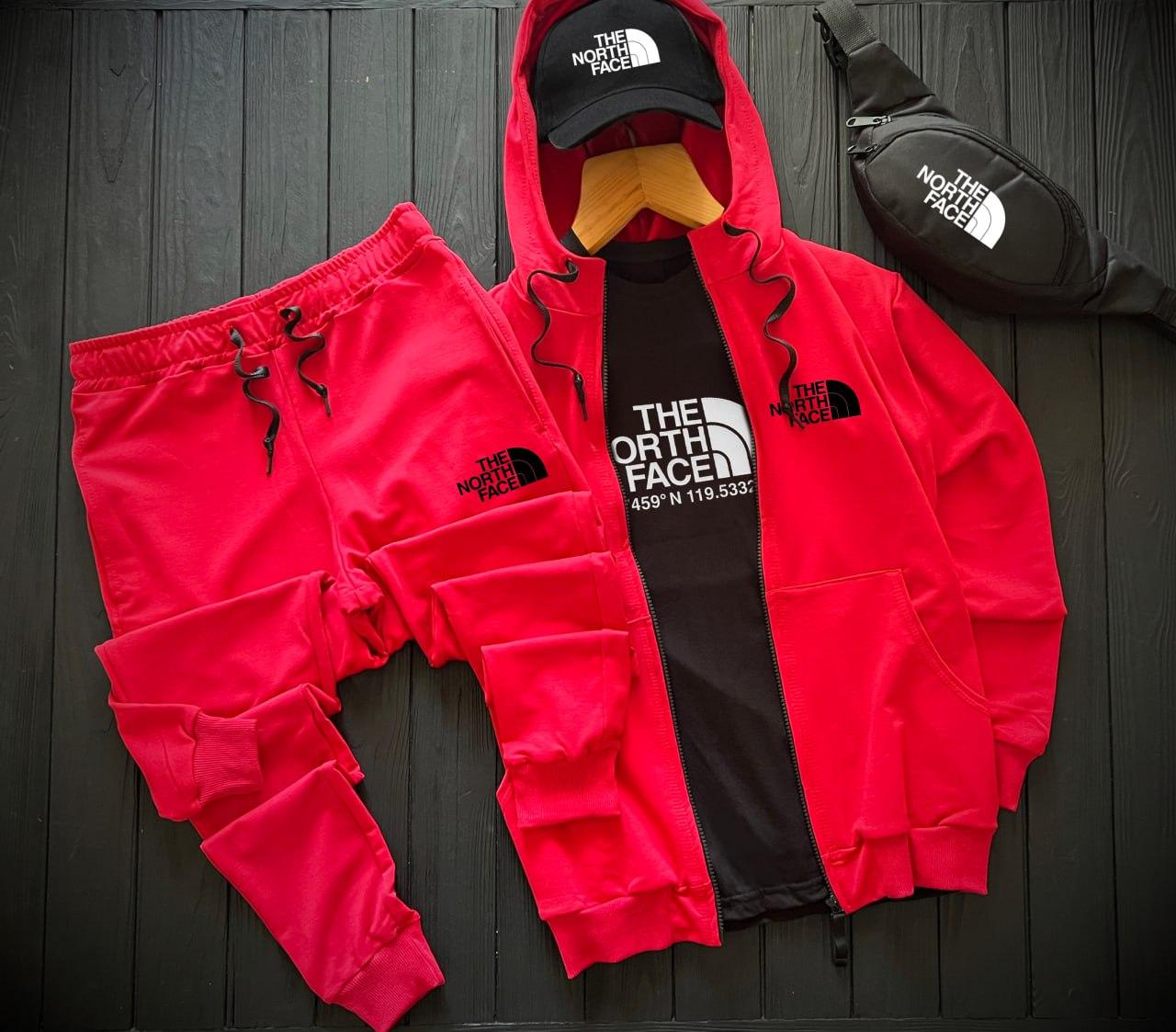 Комплект чоловічий спортивний костюм The North Face футболка бананка кепка весняний осінній Тнф червоний
